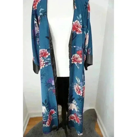 Lulus Lotus Party Teal Blue Floral Print Midi Robe Dress - Size S - Picture 4 of 16